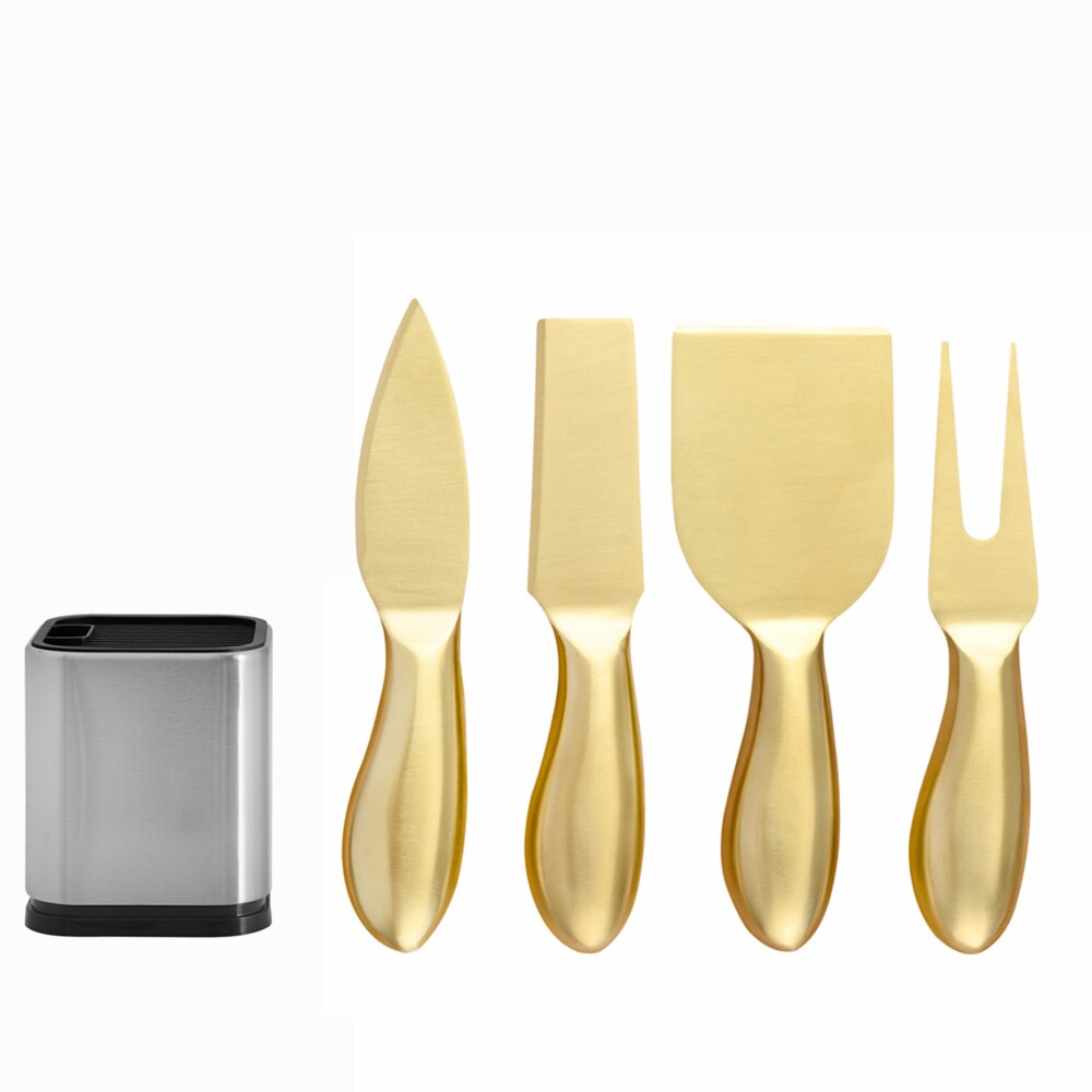 5 st/set ostknivsset i rostfritt stål smörspridare ostskärare skärare gaffelsats kök användbar frukostknivförvaring: 5 st guld