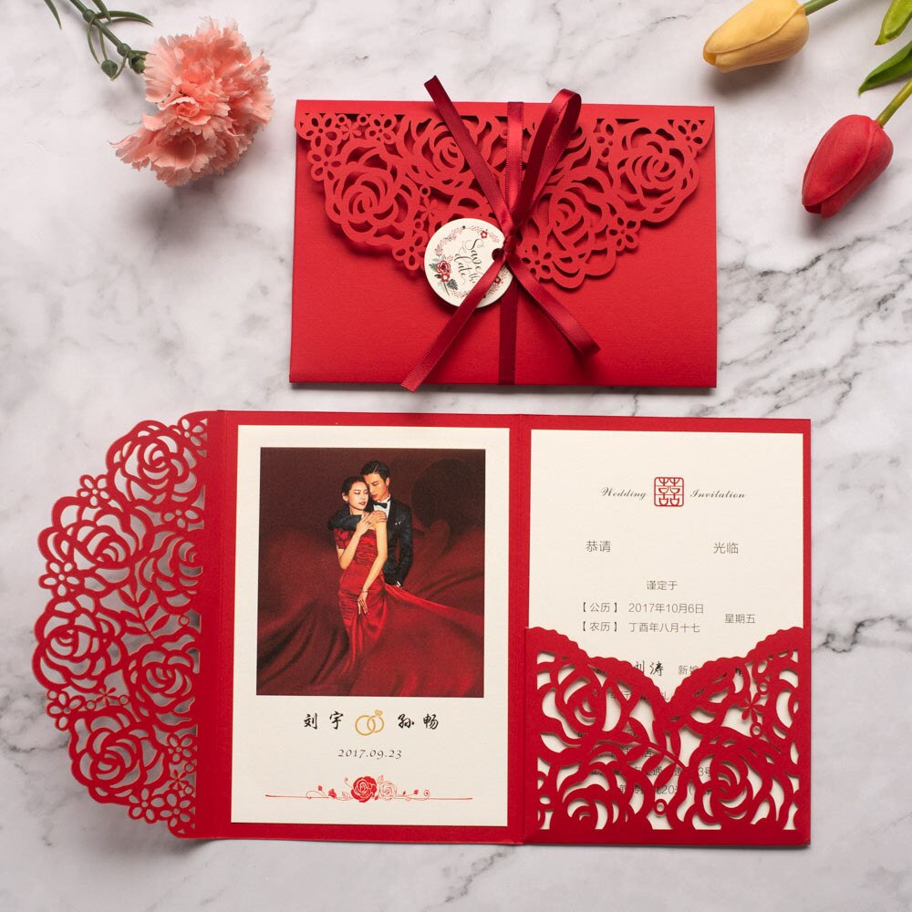 Tarjetas de boda de estilo de lujo, postales para guardar la fecha, decoración , suministros para fiestas y tarjetas de felicitación de Año: Rojo