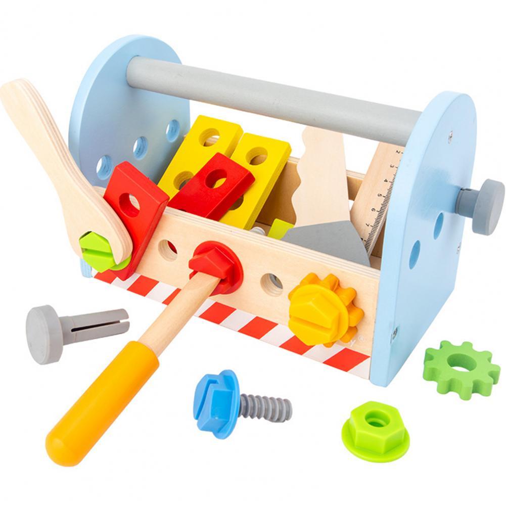 1Set cassetta degli attrezzi in legno simulato fai da te portatile gioco di ruolo viti strumento giocattoli per bambini: Light Blue