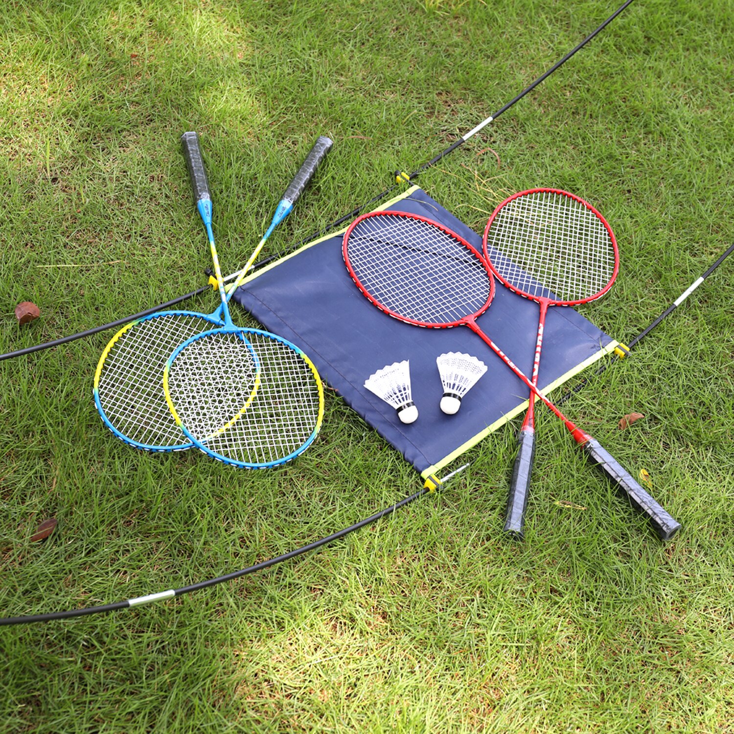Sport badminton set badminton rackets, birdies, net, verstelbare palen strand of achtertuin combo set games badminton racket set