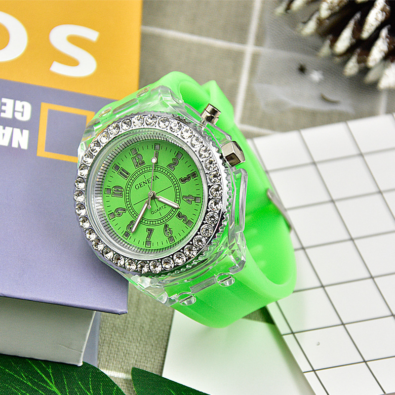 Luminous Quartz Watch for Women Personality Rhinestone Led Geneva Male and Female Students Couple Jelly Wrist Watches: green