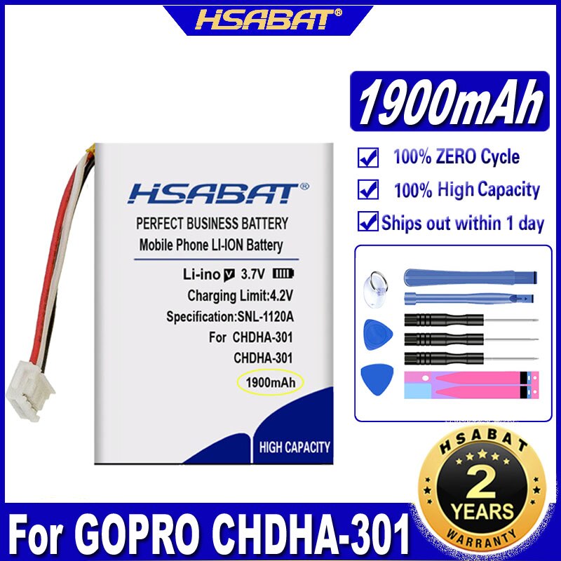 HSABAT CHDHA-301 1900mAh Battery for GOPRO CHDHA-301 Hero + HWBL1 Plus PR-062334 Batteries