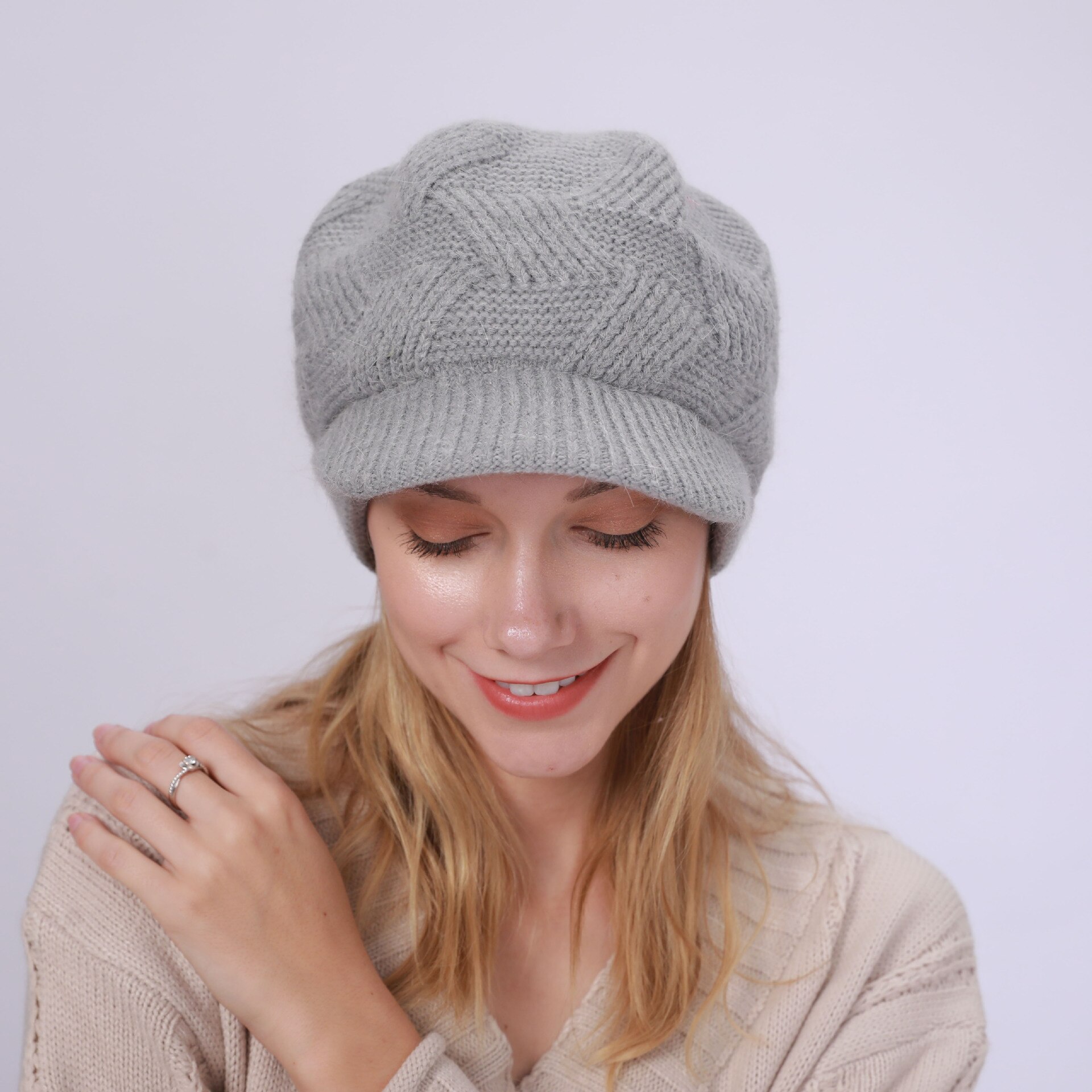 Women Winter Warmer Solid Color Crochet Hat Cap Peaked Visor Brim Slouchy Beret Knitted Hats