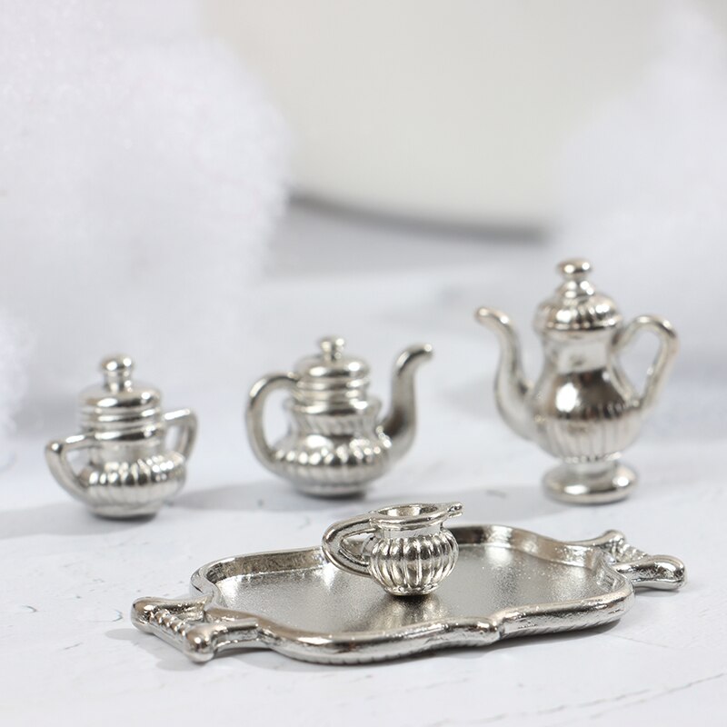 5pcs/Set 1:12 Dollhouse Miniature Metal Kitchen Tea Set Pot Flagon Plate Model For Dollhouse Decoration