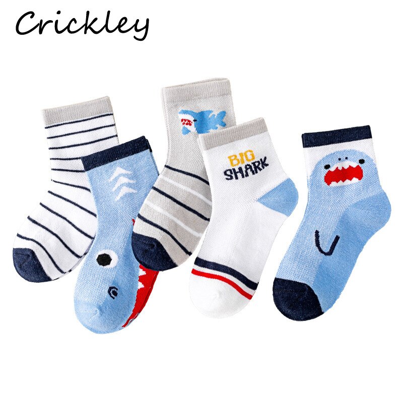 5Pairs/lot Cartoon Shark Children&#39;s Cotton Socks Spring Summer Mesh Boys Socks Soft Thin Breathable Kids Short Sock 1-13T