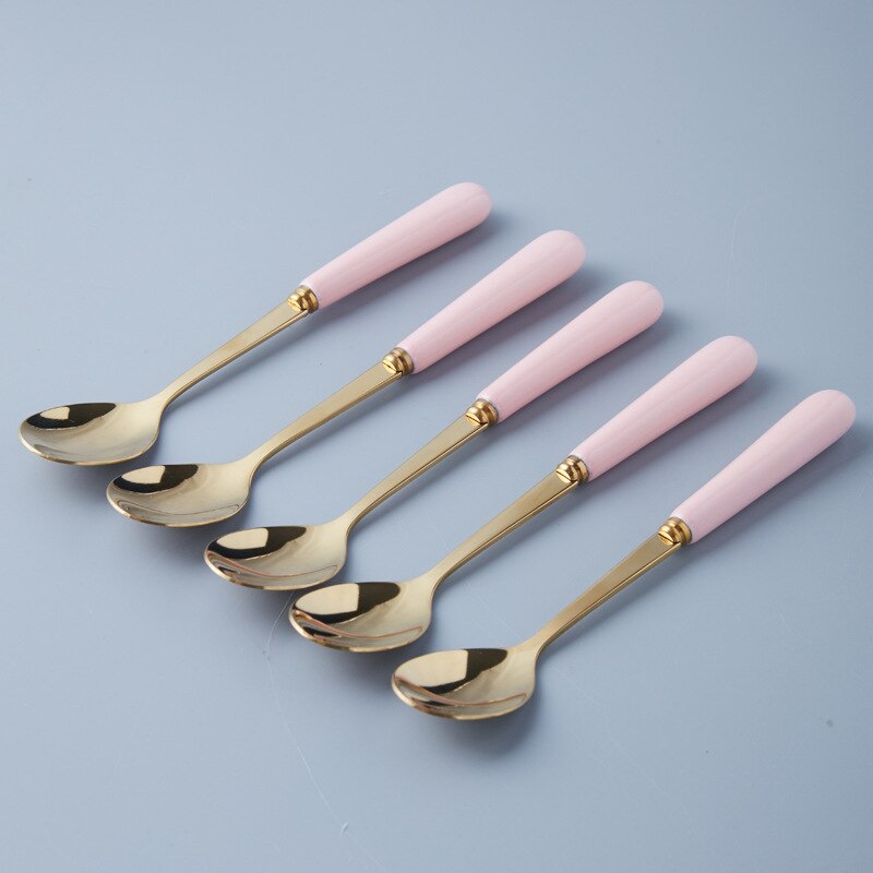 Golden Tableware Marbled Ceramic Cutlery Set Storage Tank Gold Spoon and Fork Set Mirror Coffee Fork Dinner Set: 5pcs Pink spoon