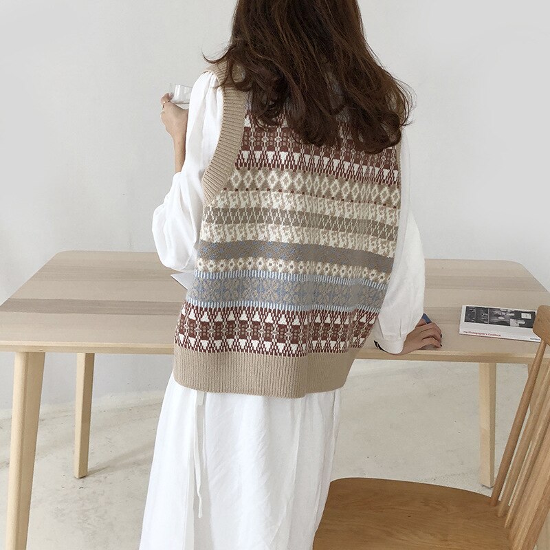 Chalecos mujer cuello pico Patchwork estilo pijo Coreano todo-fósforo mujer suelta Harajuku Chic sin mangas suéteres prendas de vestir Casual