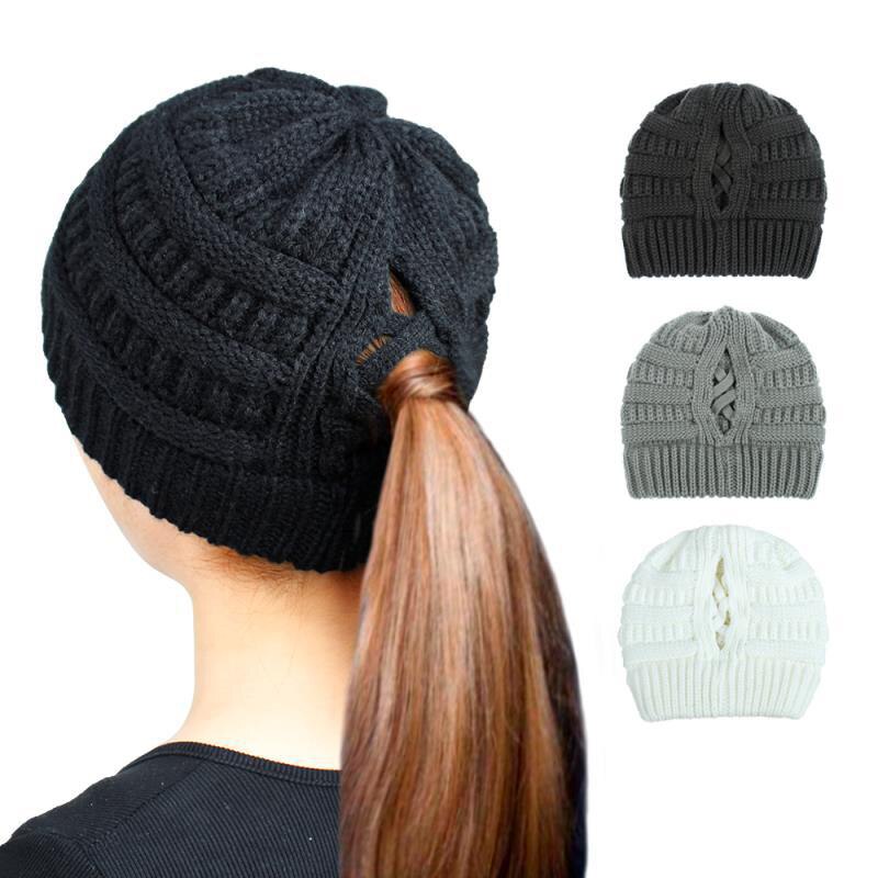 Gorro de cola de caballo para mujer, gorros tejidos para madre y niña, gorros gruesos y cálidos, gorras de color liso