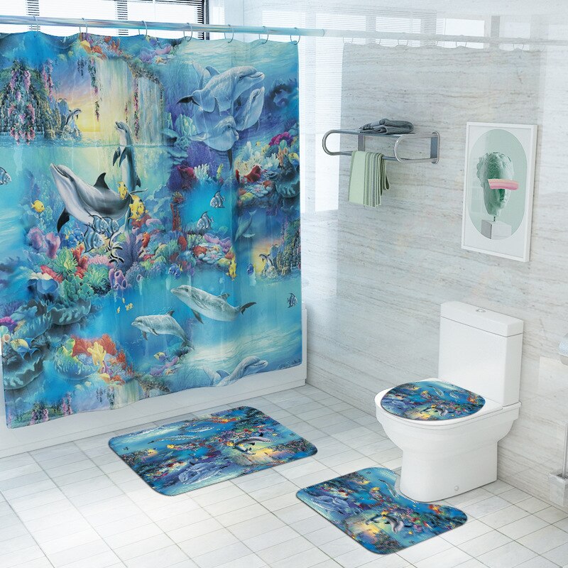 Sea World Gedrukt Badmat Wc Creativiteit Badkamer Tapijt Set Home Decor Badmat Douchegordijn Set Badkamer Vloermat badmat: 4pcs-468