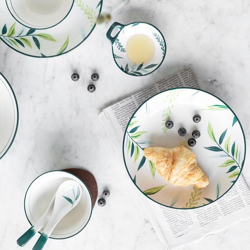 Hand-painted Underglaze Color Green Ceramic Plants Plate Set Ceramic Tableware Food Dishes Rice Salad Noodles Soup Bowl