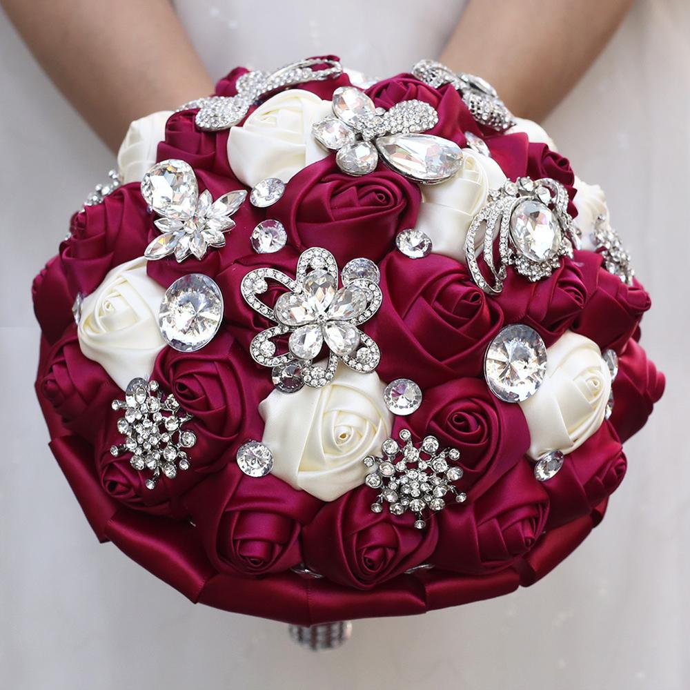 JaneVini Luxury Rhinestone Fuchsia Bridal Hand Bouquets Wedding Flowers Artificial Satin Roses Beaded Wedding Brooch Accessories