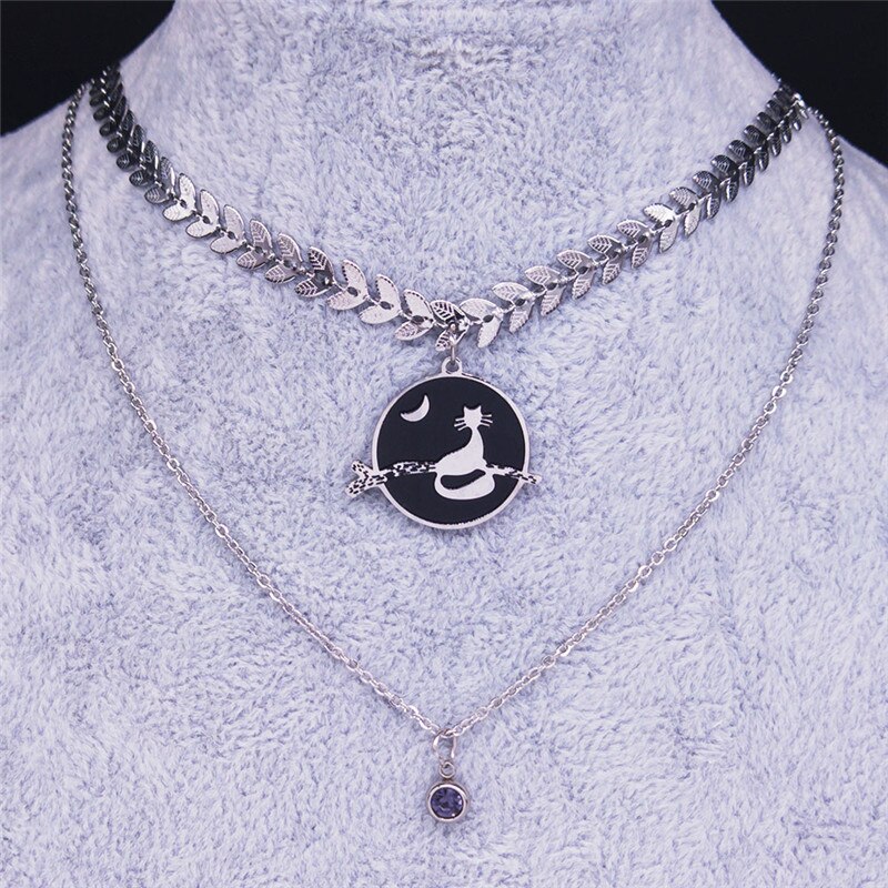 Kat Rvs Gelaagde Ketting Voor Vrouwen Zilveren Kleur Ketting Ketting Sieraden Acero Inoxidable Joyeria Mujer N1984S02