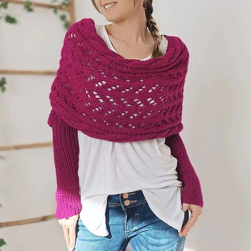 trenzado, envoltura de manga con mangas, Color sólido, patrón de ganchillo con giro hueco, chal para mujer, bufanda, suéter de estilo bohemio: Rojo rosado