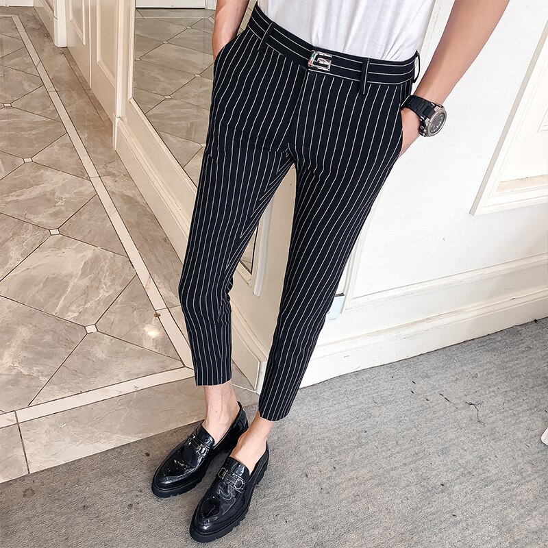 Miesten vapaa-ajan housut raidalliset miehet ohuet housut nilkkapituiset puvut housut ohut mekko miesten vaatteet pantalon homme