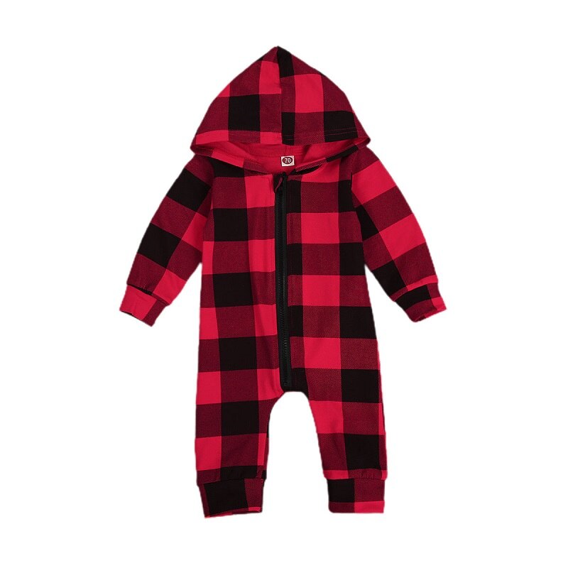 Focusnorm jul 0-24m baby dreng pige romper langærmet lynlås hætteklædte plaid romper jumpsuit efterår tøj: Rød / 12m