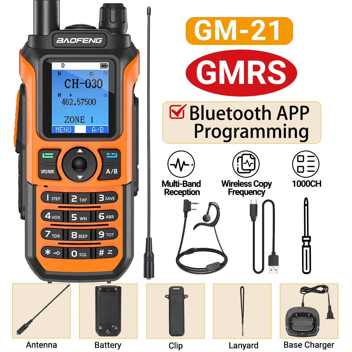 Baofeng GM-21 Walkie Talkie GMRS Transceiver Bluetooth Wireless Programing Multi-Band Receiving AM FM Type-c Charger Radio: Blue / US