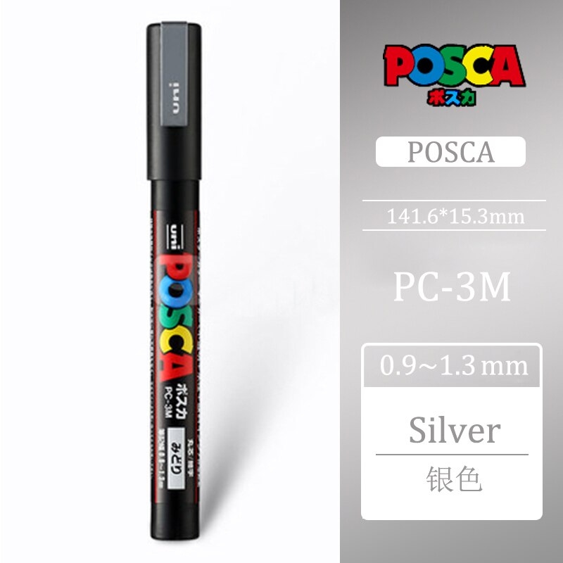 Uni Posca PC-3M 0,9-1,3mm Farbe Marker Stift Graffiti Wasser-basierend Farbige Marker Stifte dauerhaft Farbe Marker büro Schreibwaren: Silber- PC-3M