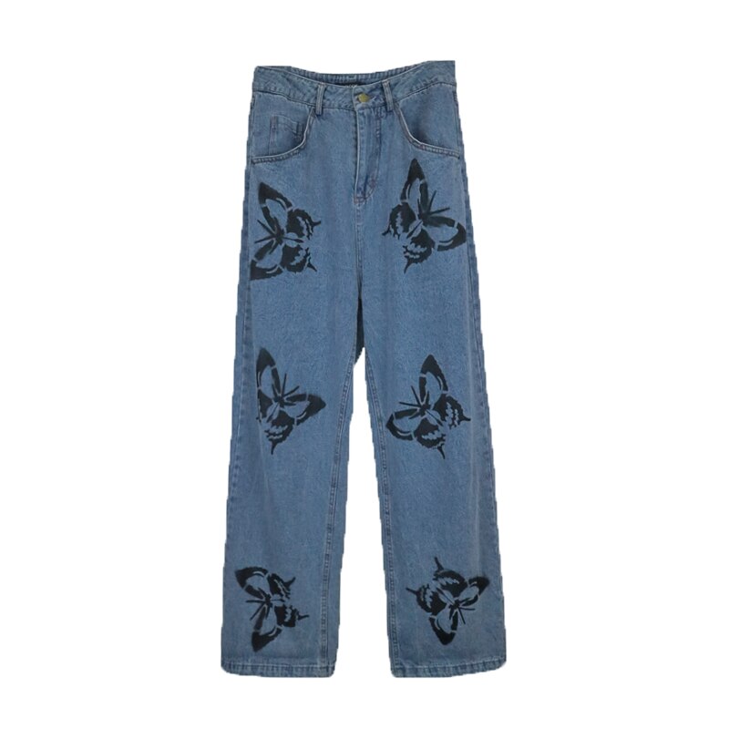 Print bukser mom jeans kvinde udefineret sommerfugl lige ben bukser lange bukser cowboy kvindelig løst streetwear: S