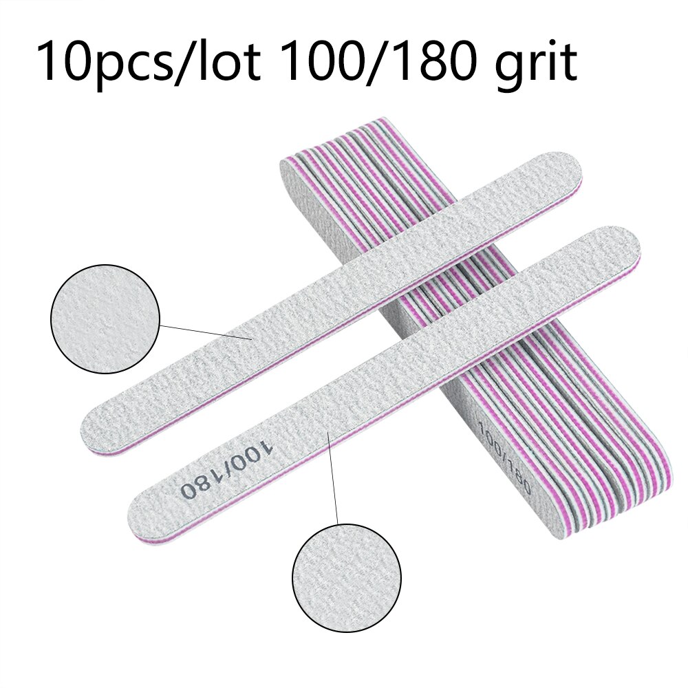 Dubbelsidig nagelfil 80/100/180 sandpappersmaterial nagelslipning polerfilar halvmåne manikyrutrustningsverktyg: 10 st 180 gritstraight