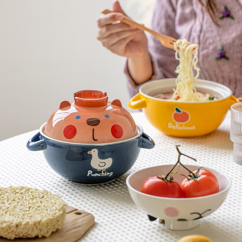 Bol à nouilles instantanées en céramique avec couvercle, cochon mignon Panda Ramen chat Kawaii grand bol à salade soupe aux fruits bol de cuisine, vaisselle