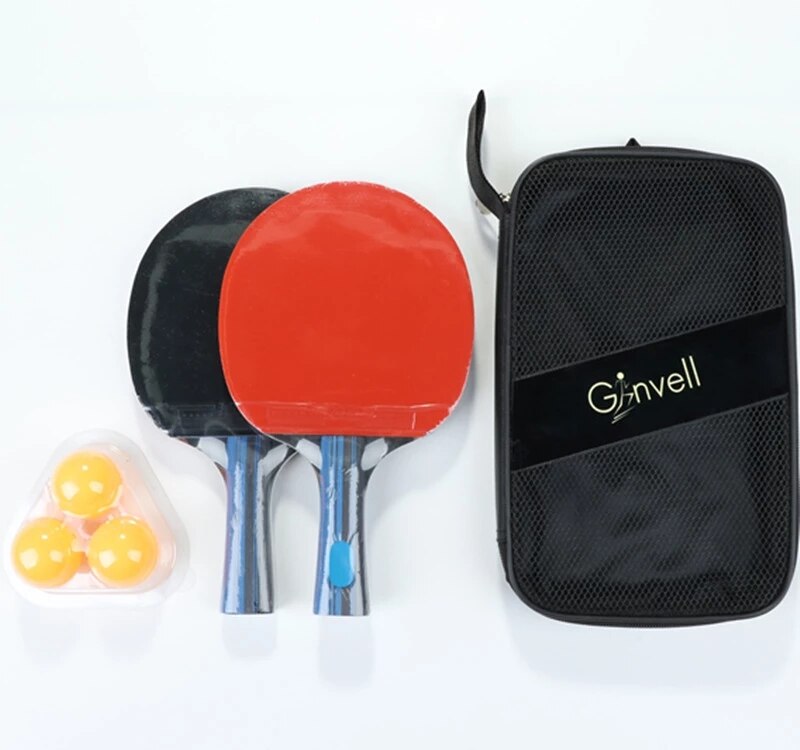 Ginvell 2 stk bordtennis bat ketcher dobbelt ansigt bumser i langt kort håndtag ping pong paddle ketcher sæt taske 3 bolde: Kort håndtag