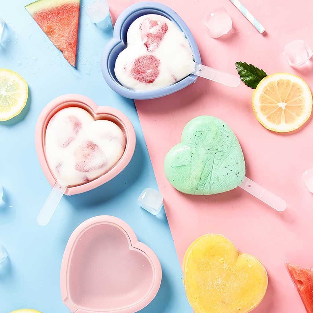 Summer Ice Tray Silicone Reusable Trays Heart Shaped Self-made Ice Cream Dessert Stick Mould Home Kitchen Cute Tools
