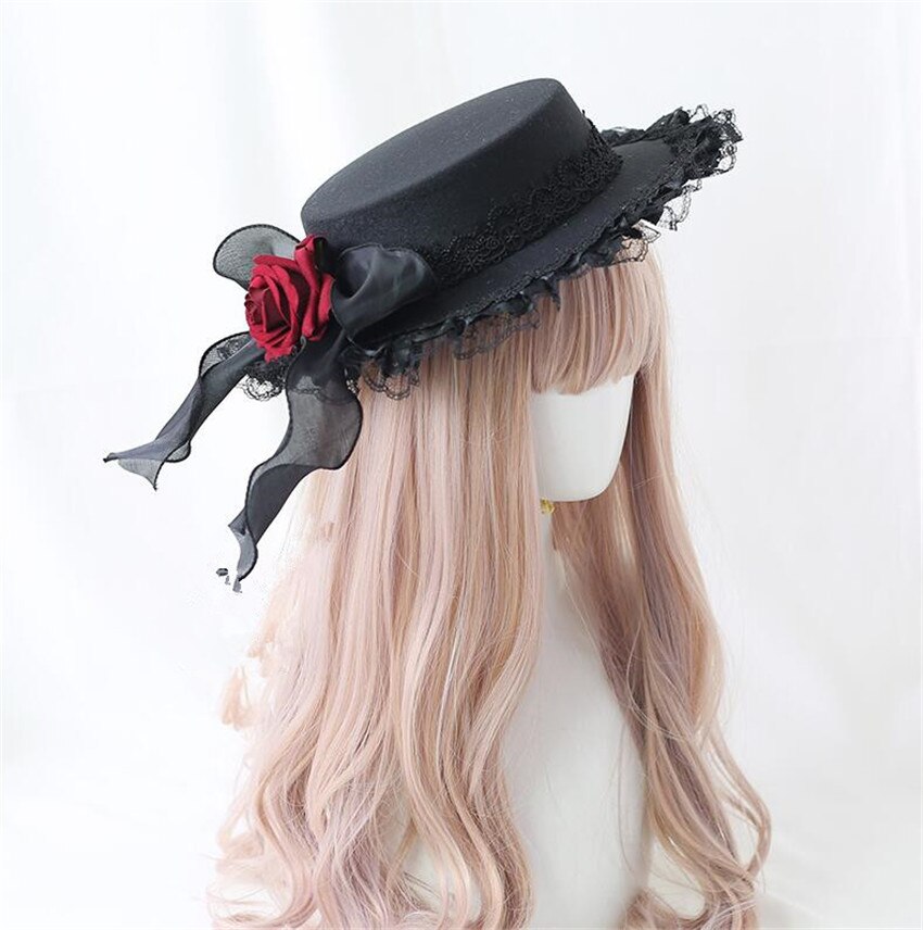 Retro Meisje Lolita Kant Bloem Roos Hoed Prachtige Elegante Thee Party Platte Cap Gothic Hoed B1747