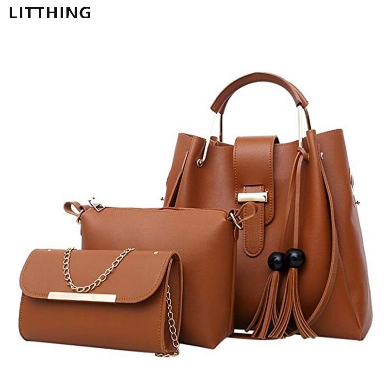 Litthing 2pcs/set Women Handbags Fashio Casual Luxury Handbags Shoulder Bags Bags Women Bag: brown B-3PCS