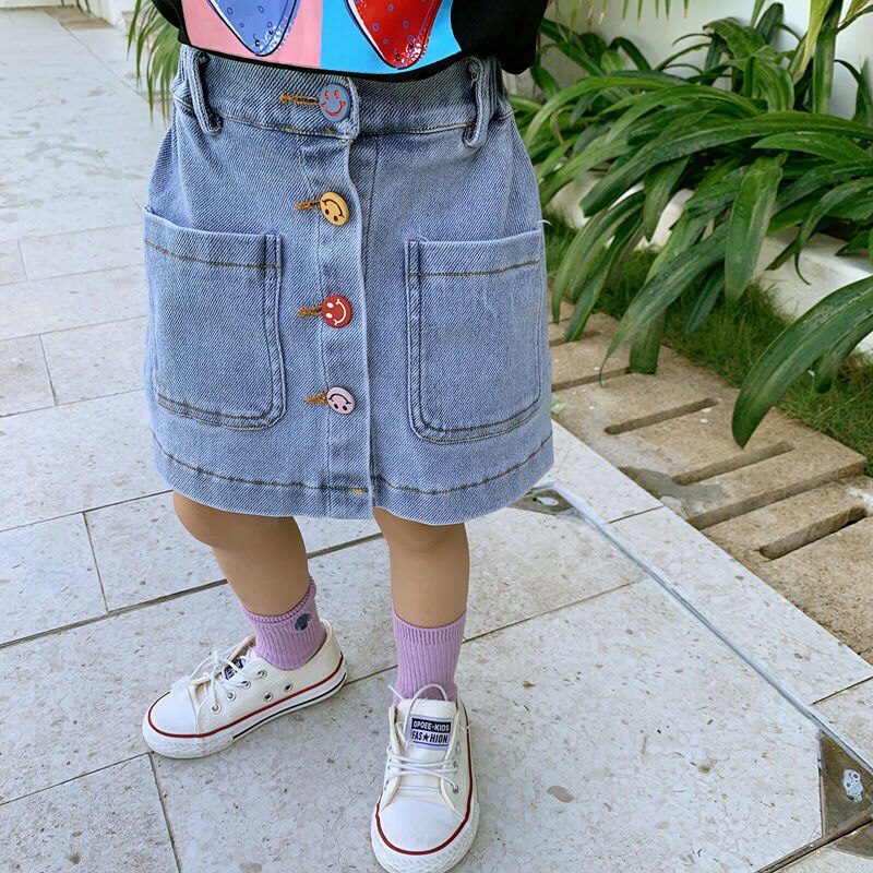 Falda vaquera de verano para niños, Pantalones vaqueros de una sola hilera de botones para niñas, falda acampanada, ropa informal para niñas pequeñas W130