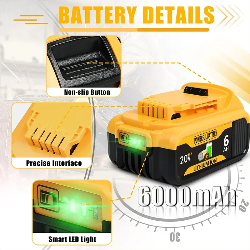 For Dewalt 20V 6Ah MAX Power Tools Replacement Battery DCB180 DCB185 DCB184 DCB200 DCB203 Rechargeable Lithium-ion Battery