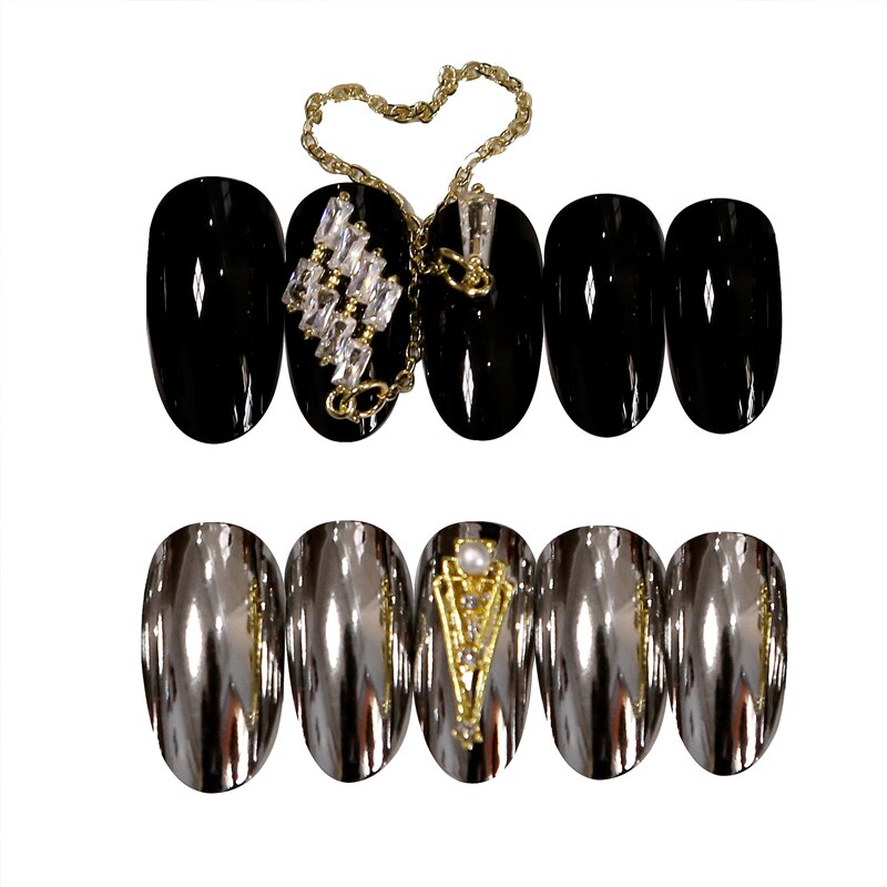 24 stuks verwijderbare zwarte zilveren nepnagels punk zirkoon vergulde ketting nagelverlenging glanzende afneembare meisjes nagelkunstdecoratie
