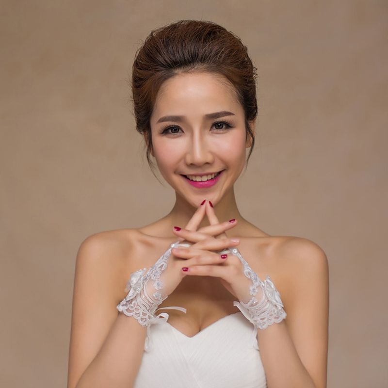 årgang palass broderi blondere korte hansker sateng sløyfe rhinestone perler justerbar bånd bryllup brude votter