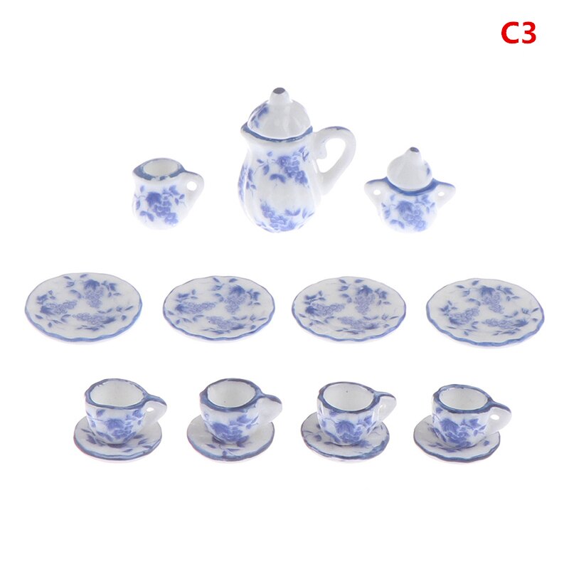 15Pcs 1/12 Doll house Miniature Blue Flower Patten Porcelain Coffee Tea Cups Ceramic Tableware Kitchen Accessories: C 3