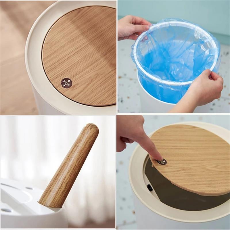 Mini Hohen Nachahmung Holz Mülleimer Schreibtisch Runde Müll Mit Presse Abdeckung Für Wohnzimmer Wc Küche Reinigung Werkzeuge
