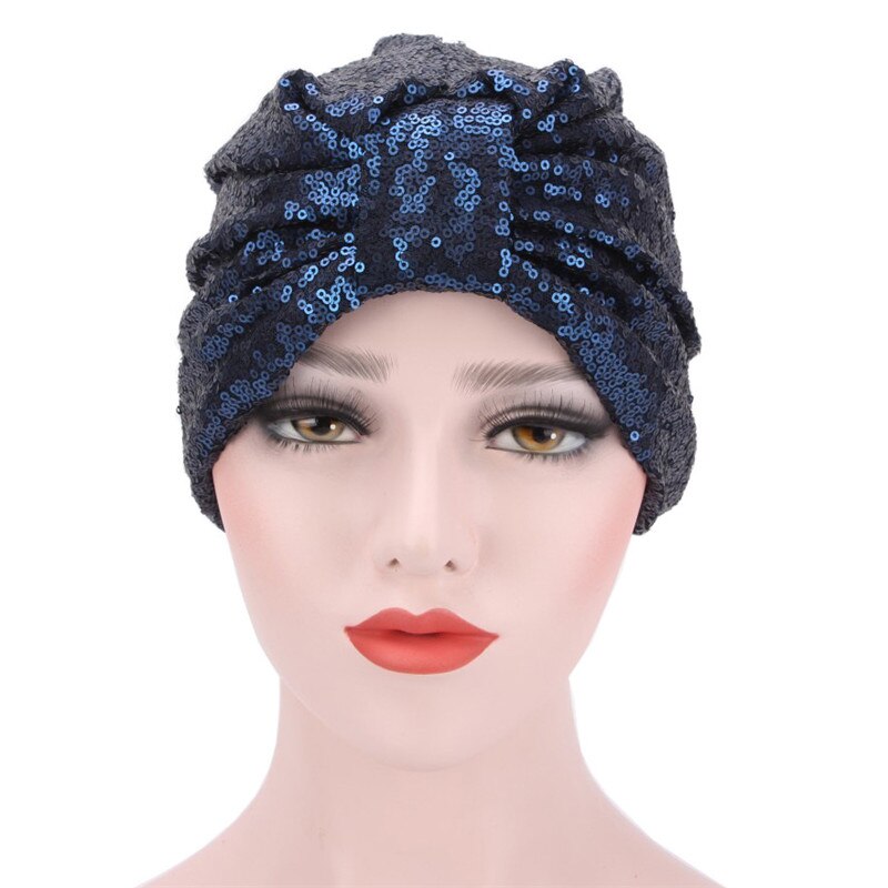 Femmes Turban chapeaux musulman Stretch noir bordeaux marine couleur unie doux Modal indien paillettes casquette pour femmes dentelle: Bleu