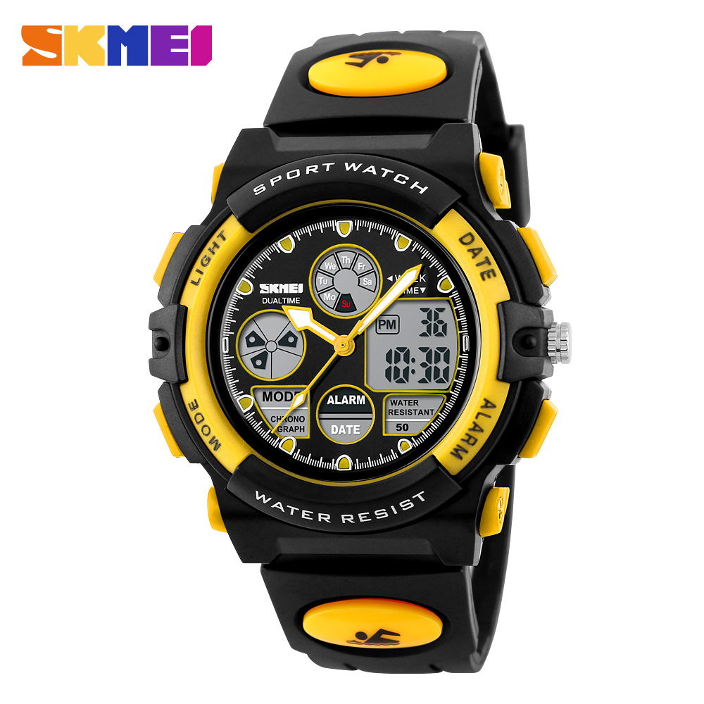 SKMEI Sports Watches Children LED dIgital 50M Waterproof Dual Display Wristwatches Watch Alarm For Boys Girls Kids 1163: Yellow