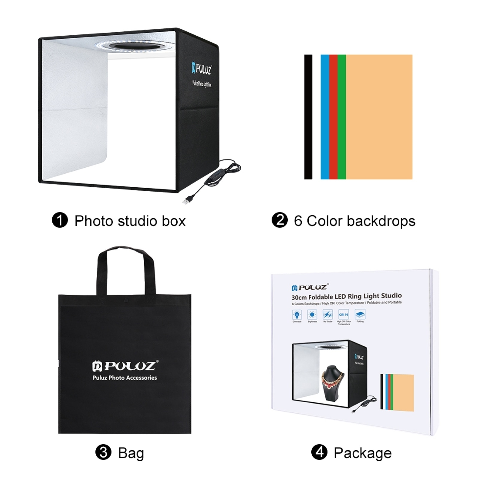 Puluz Mini Photo Studio Box Ring LED Photo Lightbox Photography Studio Shooting Box Box Kit e 6 fondali colorati Photo Softbox