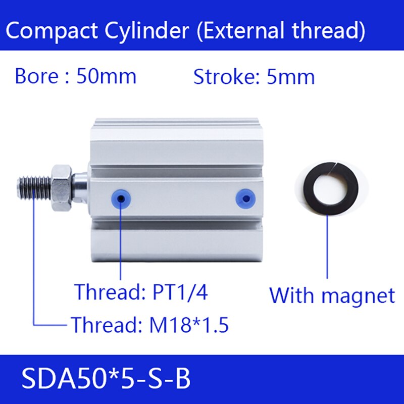 Sda 50 x 5-b 50mm hål 5mm -takts utvändig gänga kompakta luftcylindrar dubbelverkande pneumatisk cylinder
