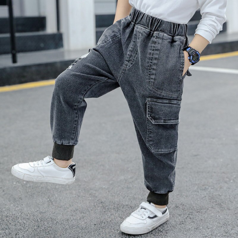 Kids Toevallige Zwarte Jeans Cargo Broek Voor Jongens Jongens Cargo Pocket Jeans Kinderen Kleding Fabrikanten China