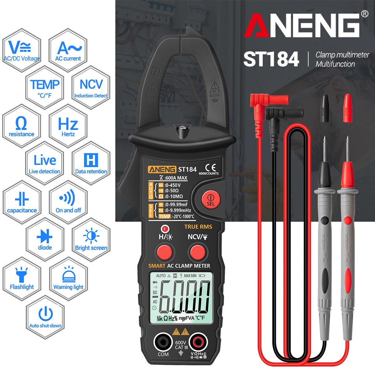 Digital Multimeter Clamp Meter DC/AC Voltage Detector AC Amp Meter with Ohm Capacitance NCV Continuity Diode Temperature Tester