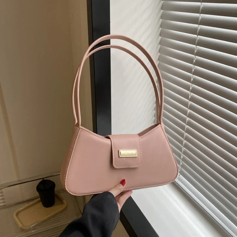 Minimalist Shoulder Bag for Women Simple Solid Color Underarm Bag Buckle Handbag and Purse Small Top-handle Bags: Pink