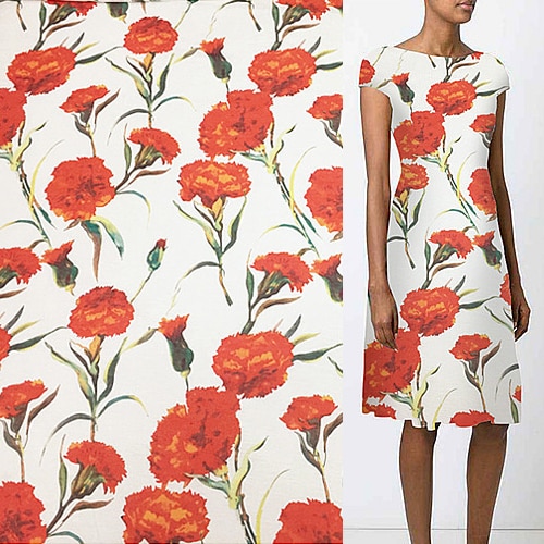 Red floral pattern print silk and linen blended fabric 13momme 55" width by yard,SLN072