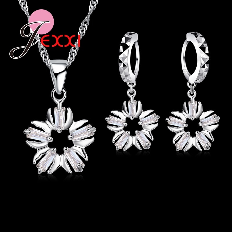 À la fleur forme blanc opale zircon cristal CZ pierre bijoux de mariée ensembles pour les femmes 925 en argent Sterling colliers boucles d'oreilles dame