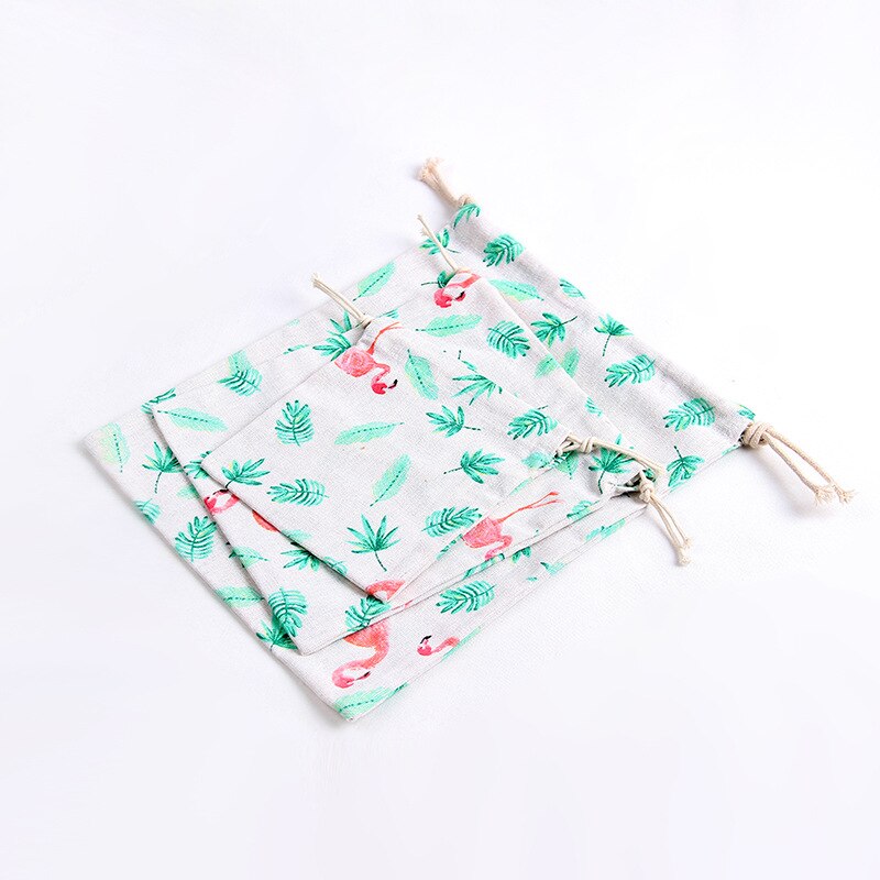 YILE 1pc Cotton Linen Drawstring Party Bag Multi-purpose Pouch Print Flamingo Leaf Size-choosing 8129h