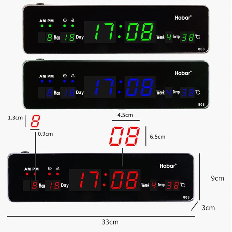 33x9x3cm Digital Wall Clock Alarm Hourly Chime Calendar Temperature Luminous Electronic LED Clocks With EU/US/UK/AU Plug