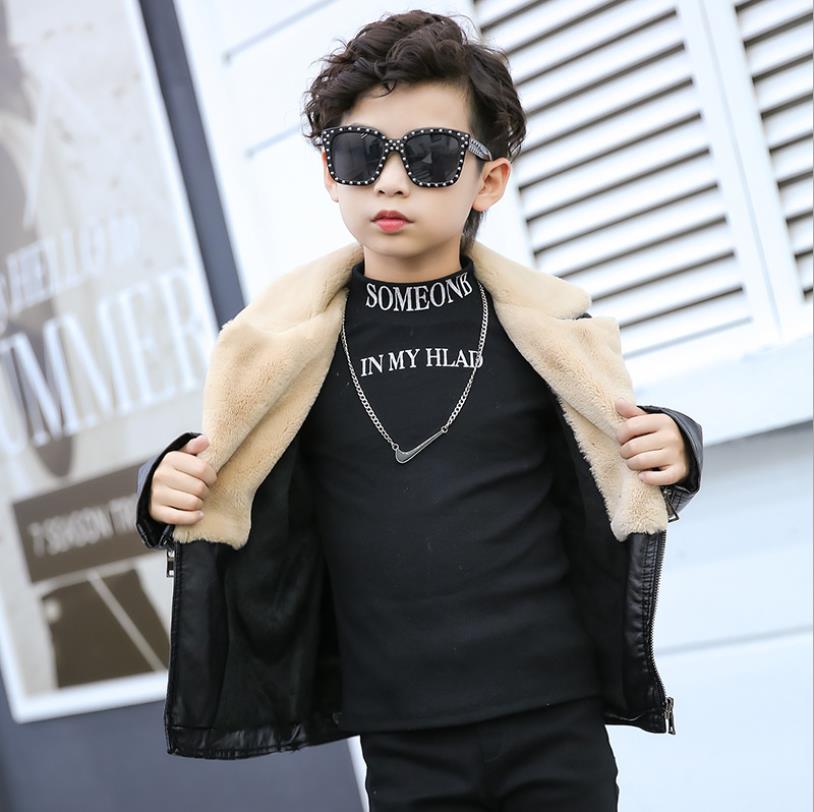 Baby boys Plus velvet Pu leather jackets autumn winter faux for collar warm coats chldren outerwear teen clothes