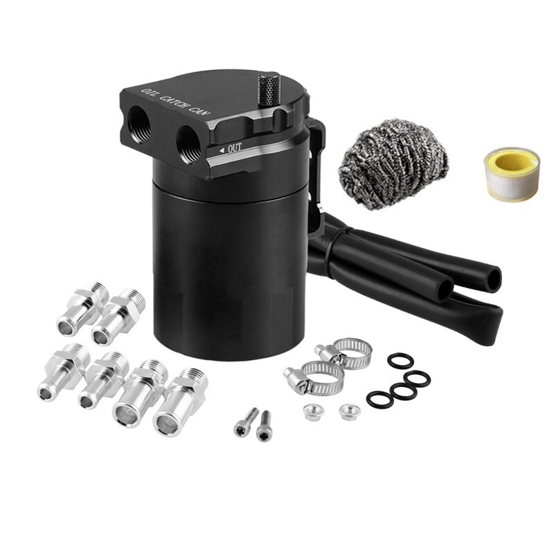 Baffled Universal Oil Catch Can Reservoir Tank Kit with 3/8 Inch NBR Fuel Line and Steel Wool Aluminum Blue 300Ml