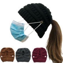 Cola de Caballo cruzada desmontable con botón para mascarilla, gorro de punto con apertura trasera, hilo de lana cálido, , producto