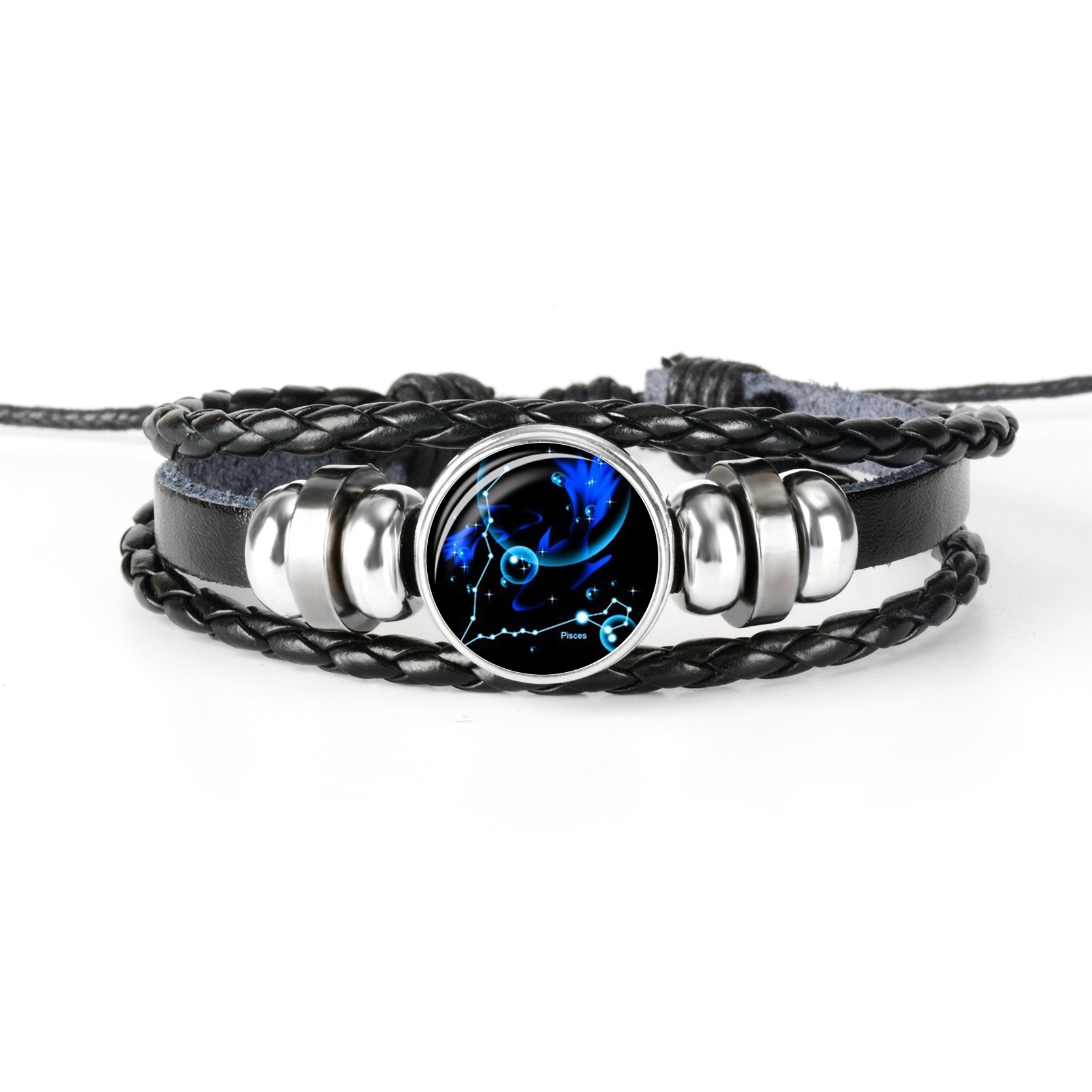 Zodiac Bracelet Charm Diy Jewelry Constellation Glass Metal Buckle Black Multilayer Leather Bracelet Women Men: Pisces