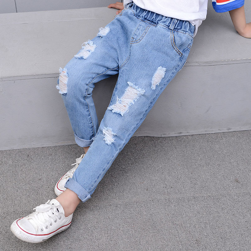 Casual Jongens Jeans Solid Elastische Taille Lange Kinderen Broek Mode Losse Gaten Jongens Denim Broek Voor 6 8 10 12 Jaar Kinderen